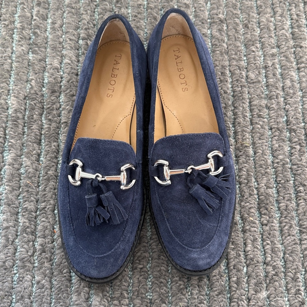 Talbots Navy Suede Loafers with Silver Chain